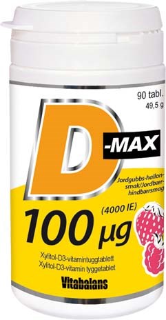 Valkoinen D-MAX-vitamiinitölkki keltaisella ja mustalla etiketillä, jossa annostustiedot.