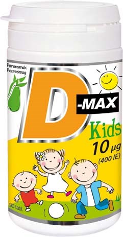 D-vitamiinitabletti lapsille nauralla ja lasten kuvalla etiketissä.