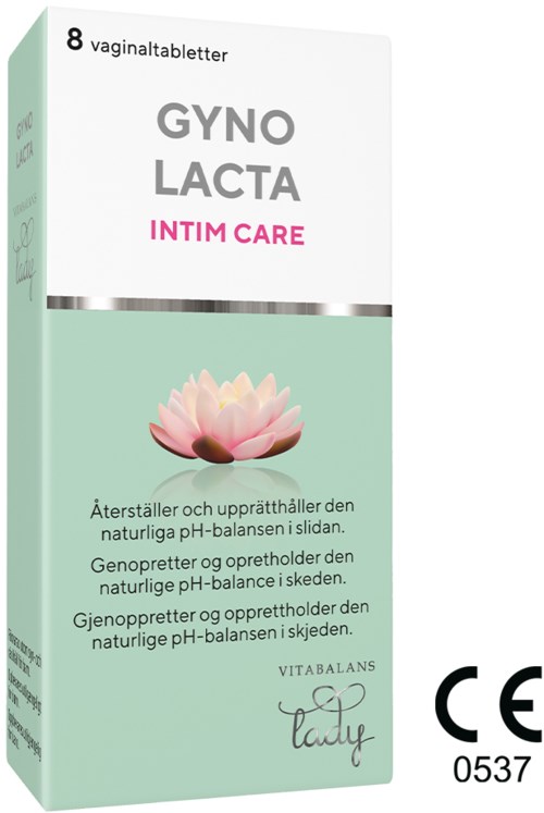 Fyllning av vaginala tabletter kallad Gyno Lacto för intimvård, med en rosa lotusblomma på framsidan.