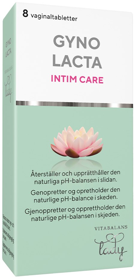 En box med kvinnliga tabletter med en lotusblomma, produktnamn Gyno Lacto och text på svenska om pH-balans.