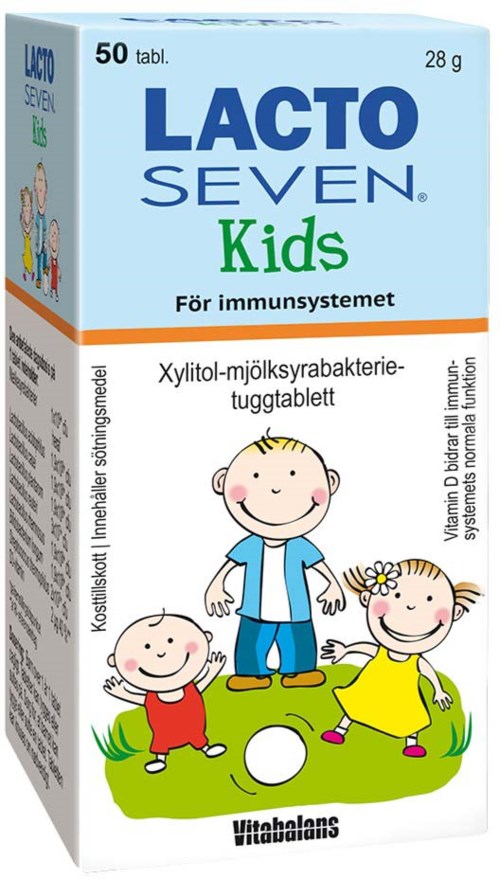 Lacto Seven Kids pakkaus lasten kuvalla nurmikolla, jokaisen lasten tukemiseen.