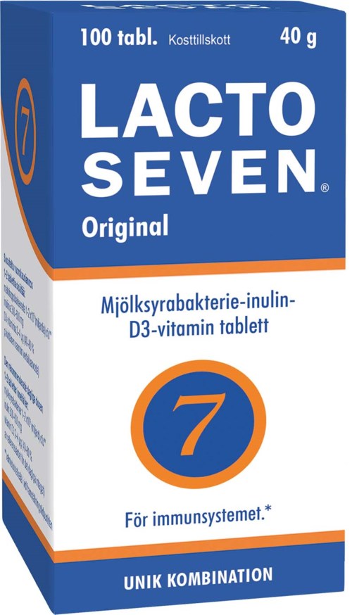 Lacto Seven alkuperäisten probioottitablettien rasia, 100 annosta, 40 g, sisältää sinisen ja valkoisen pakkauksen ja suuren numeron 7.
