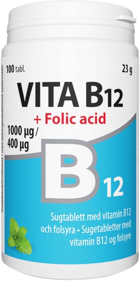 Viallinen B12-vitamiinilisä, jossa on foolihappoa, vihreitä mintunlehtiä ja etikettitietoja.