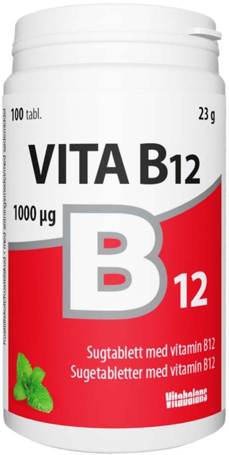 Valkoinen pullo, jossa punaista tagia, sisältää B12-vitamiinia, 100 tablettia, 23 grammaa ja 1000 mikrogrammaa.