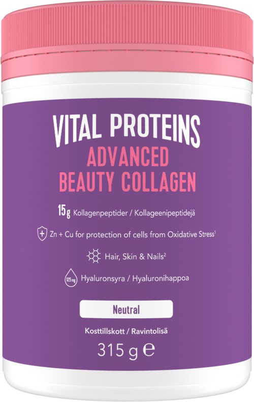 En lilla beholder med rosa lokk, merket Vital Proteins Advanced Beauty Collagen for hud, hår og negler.