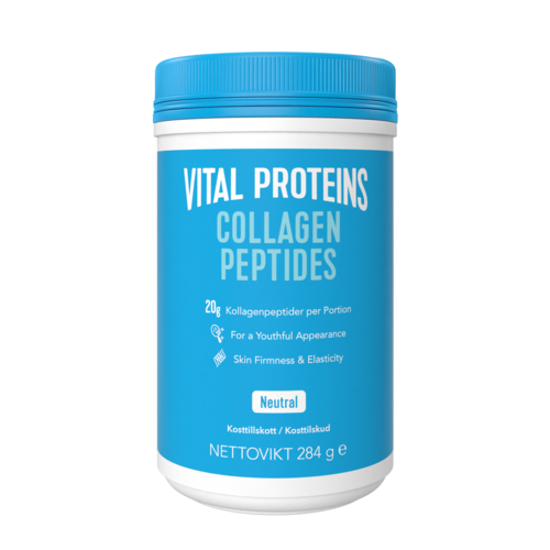 A blue container labeled 'Vital Proteins Collagen Peptides' with benefits for skin and appearance, weight 284 grams.