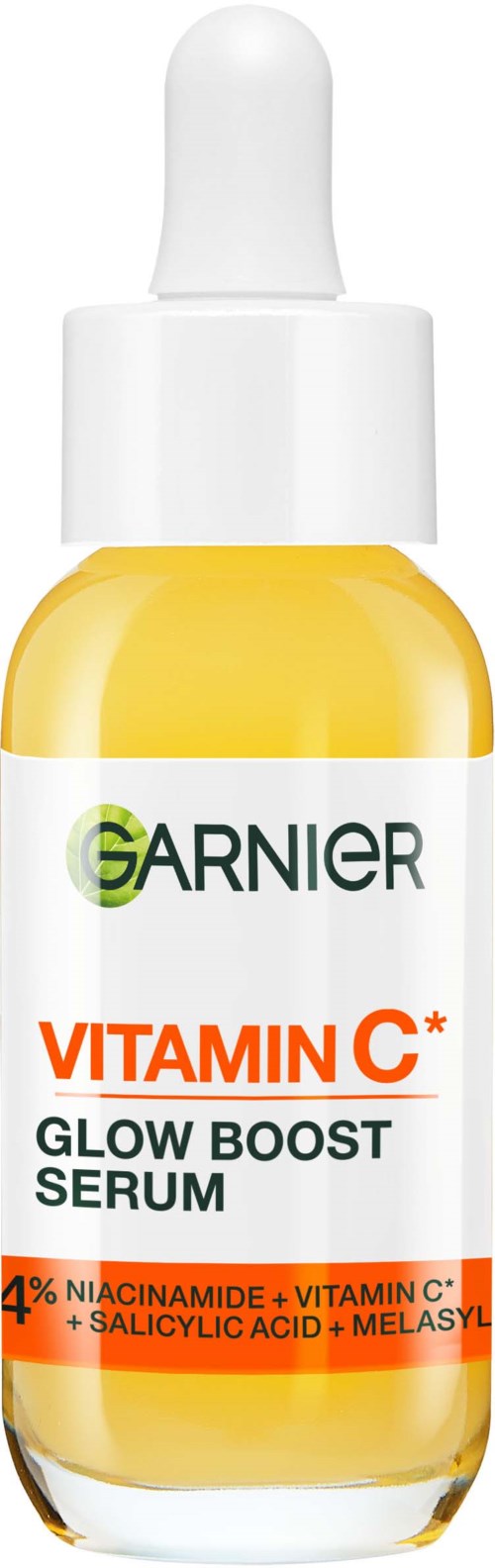 A small white bottle with a dropper. It is labeled Garnier SkinActive Vitamin C Glow Boost Serum, 3.5%.