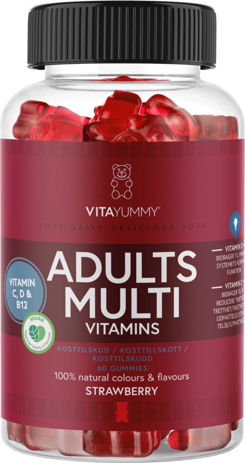 En flaske med multivitamin tyggegummi for voksne med jordbærsmak, inneholder vitaminer C, D, B12 og røde tyggegummi.