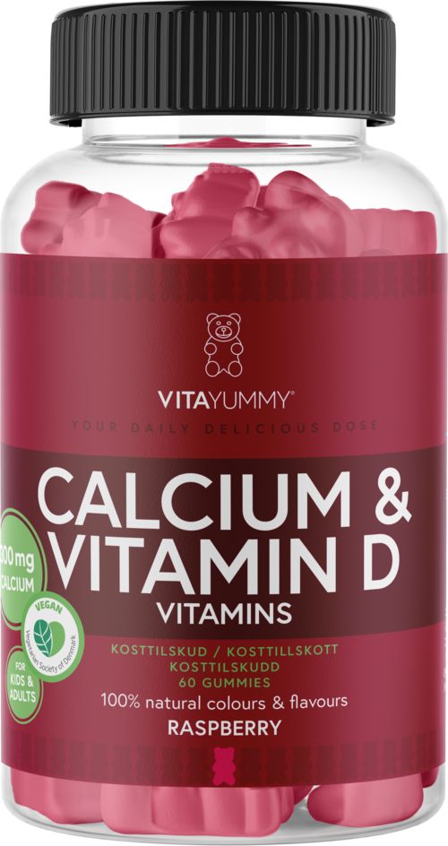 Calcium and vitamin D gummies, raspberry flavor, in a pink bottle, contain 60 gummies, promoting healthy bones.