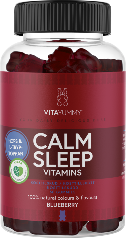 Burk med blåbärsgummies med vitaminer för lugn sömn, innehåller naturliga färger och smaker.