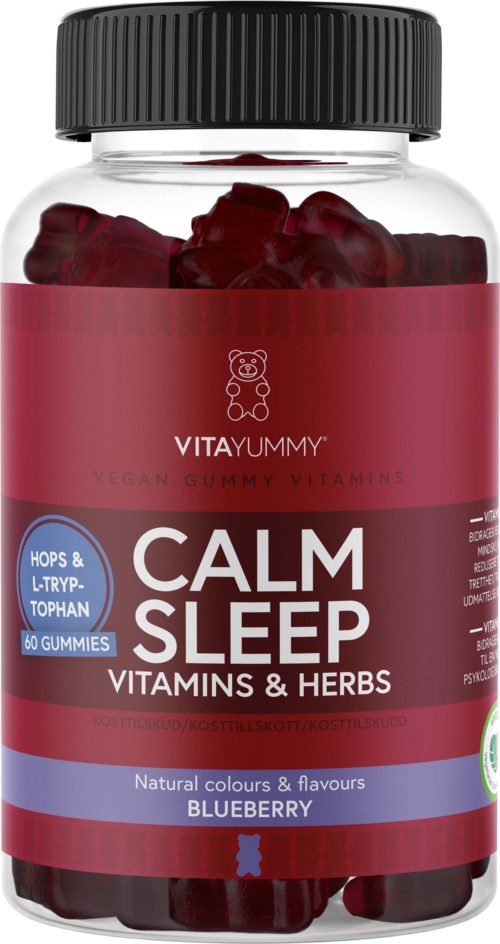 Flaska med blåbärssmakande gummivitaminer kallade Calm Sleep av Vitayummy, med röd och lila etikett och svart lock.