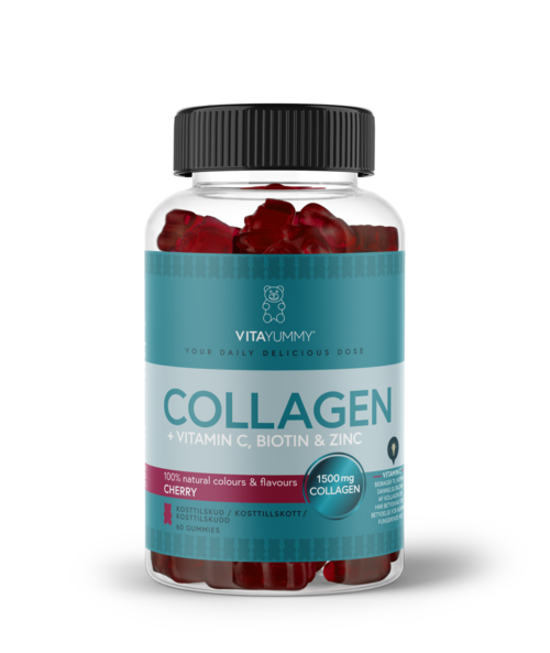 Flaska med körbärssmakande kollagen-gummies med C-vitamin, biotin, zink och 1500 mg kollagen.