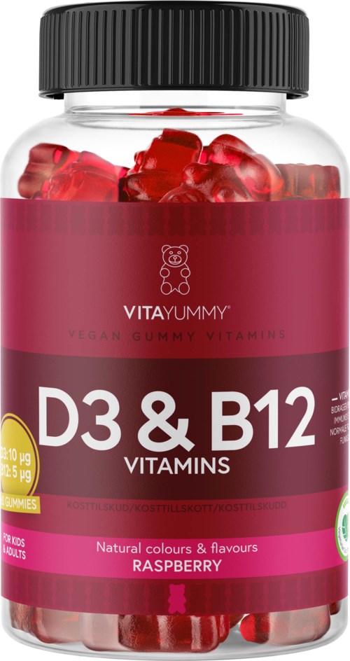 Vegan gummibærvitaminer i gjennomsiktig krukke med svart lokk, merket D3 & B12, bringbærlukt, viser røde gummibjørner inni.