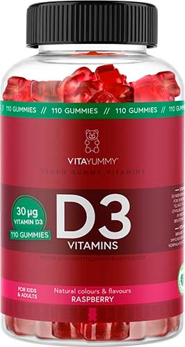 Flaske med bringebærsmakende D3-vitaminsmykker med svart lokk og rosa etikett som viser dosering og produktopplysninger.