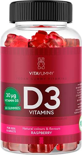 Flaske med bringebærluktende vitamin D3-godteri for barn og voksne, inneholder 60 gummies med 30 mcg vitamin D3 hver.