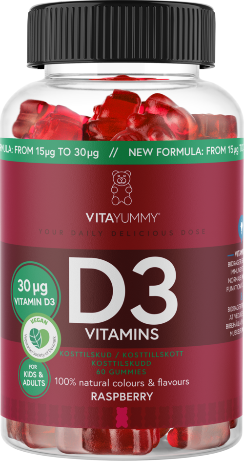 Een flesje met framboos vitamine D3-gummies, met rode gummies erin, labels vermelden 30 microgram en natuurlijke ingrediënten.