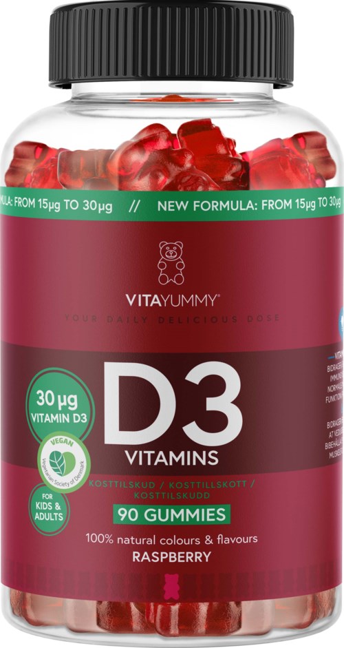 A bottle of raspberry-flavored D3 vitamins gummies for kids and adults. The label highlights 30 micrograms of vitamin D3.