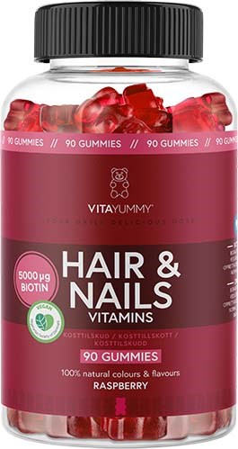 Flaskor med gelégodis med hallonsmak för hår och naglar, innehållande biotin, vitaminer och 90 godisar.