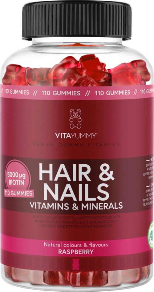 Röda hallonsmakande gelégodisar för hår och naglar med vitaminer, mineraler och biotin.