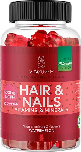 En flaske med gummivitaminer for hår og negler, med vannmelonsmak, 60 gummies inni.