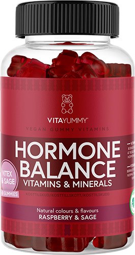 Røde gelé vitaminer i en klar flaske med svart lokk, merket for hormonbalanse med smak av bringebær og salvie.