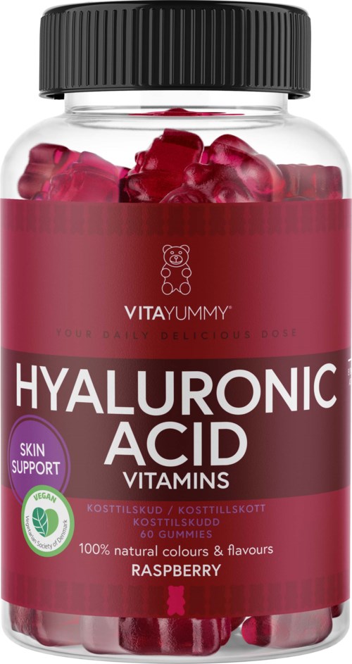 En flaske med bringebærsmakende gummitabler med hyaluronsyre og hudstøtte. Røde gummies er synlige inni. Navn og merke på etiketten.