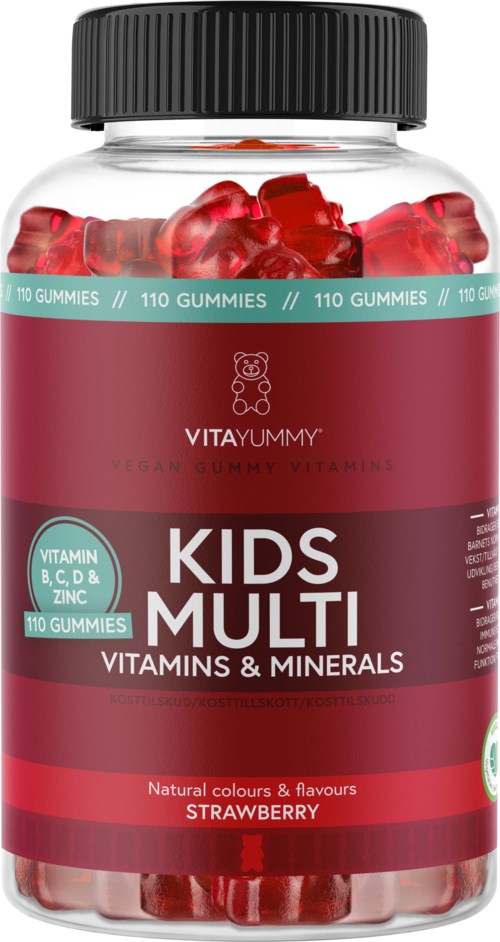 Flaske med jordbærsmakende multivitamingodiser for barn med vitaminer B, C, D og sink, inneholder 110 godbiter.