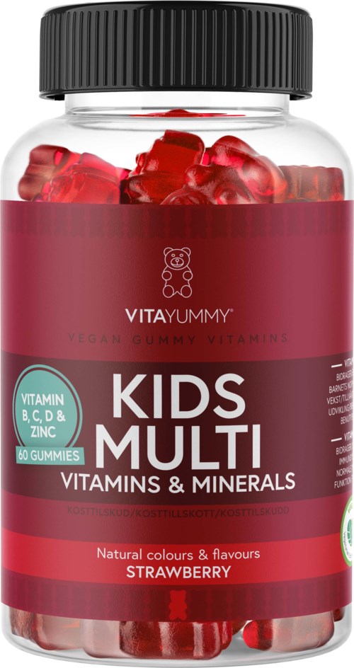 Flaske med røde og rosa jordbærsmakende vitaminer og mineraler for barn.