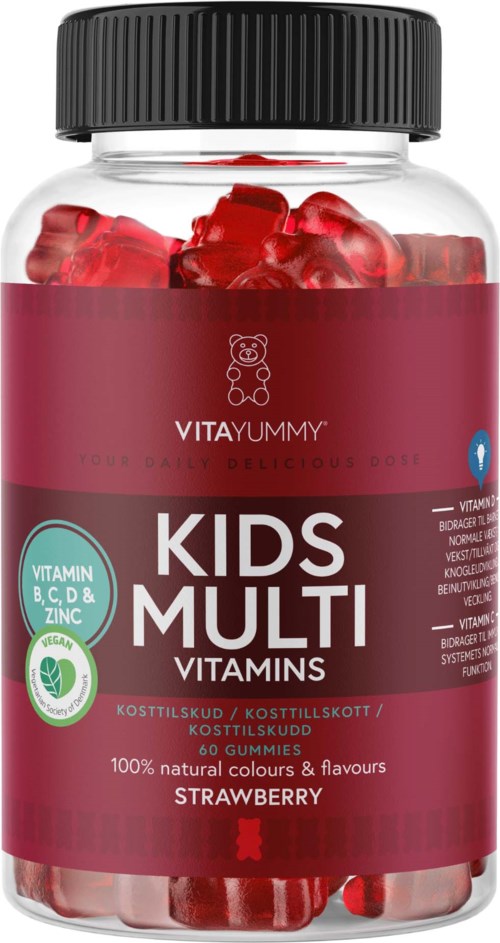 En flaske med multivitaminer for barn med røde geleer, merket som jordbærsmak, inneholder vitaminer B, C, D og sink.