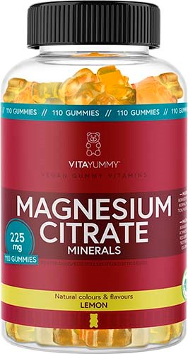 A bottle of magnesium citrate gummies with lemon flavor, 225 mg, in a clear container with a red and yellow label.