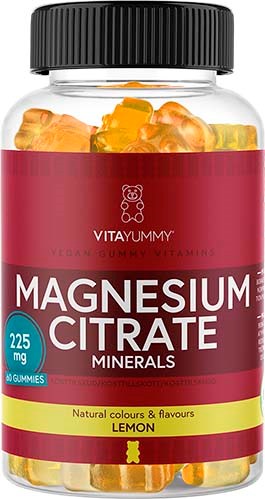 Bottle of magnesium citrate gummies with lemon flavor, labeled as dietary vitamins, containing 225 mg per serving.