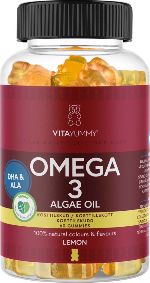 Een fles Omega 3 algengummies met citroensmaak, met een rood label, zwarte dop en zichtbare gummies.