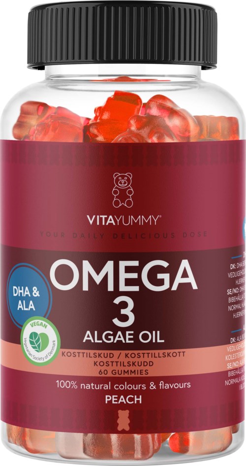 Een fles met perzik smaak mente omega-3 algoliegels, met rode gels en een roze label. Bevat 60 gummies.