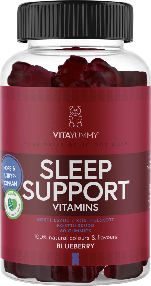 En flaska med blåbärssmakande sömnstöd-gummies med svart lock och röd etikett, visar gummies inuti.