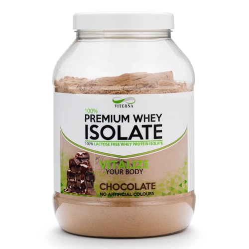 En beholder med sjokolade-smakende myseisolat merket som premium, laktosefri, med grønne og hvite design elementer.