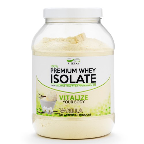 En beholder med vanilje whey-protein isolat, merket som naturlig og uten kunstige farger.