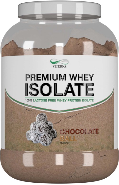 A jar of chocolate-flavored whey protein isolate with a label showing the brand and flavor.