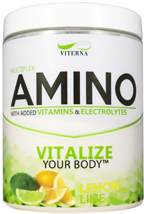 A container of amino supplement labeled "Vitalize Your Body" with lemon and lime flavor, green and white colors, and images of lemon and lime.