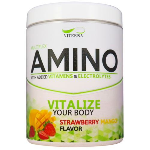 Ein weißer Behälter mit 'AMINO VITALIZE', Erdbeer- und Mangogeschmack, fördert Gesundheit mit Vitaminen und Elektrolyten.