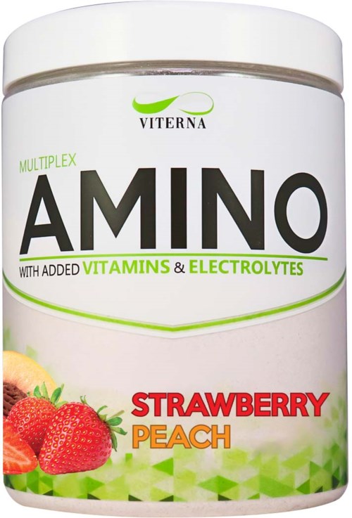 Viterna Amino supplement with strawberries and peaches, added vitamins and electrolytes, in a white container.