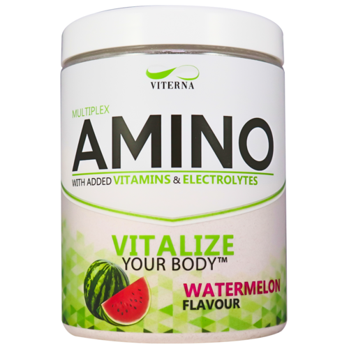 Behälter mit Aminosäure-Ergänzung mit Wassermelonen Geschmack, enthält Vitamine und Elektrolyte, in Grün, Weiß und Pink.