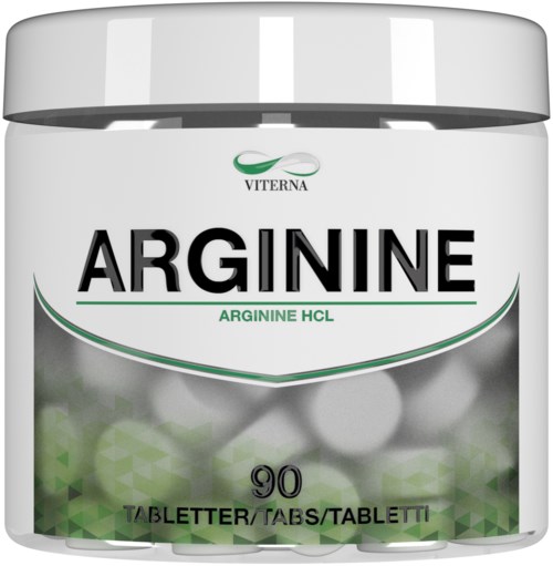 A container of arginine supplement with 90 tablets labeled on the front. The design is mostly white and green.