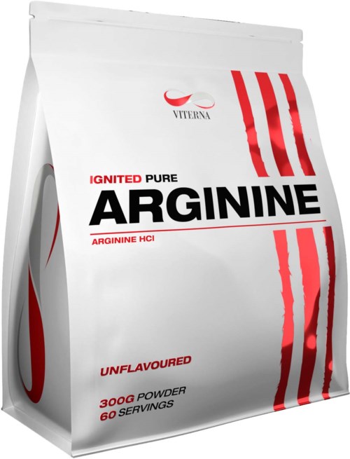 A white package of unflavored arginine supplement with red and black text and stripes.