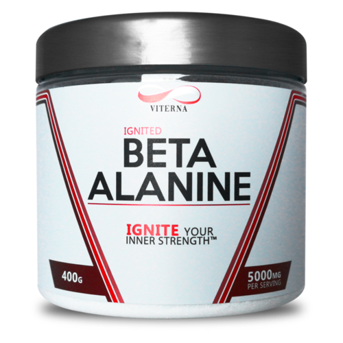 Ein Behälter mit Beta Alanine Ergänzung, schwarzer Deckel, weißes Etikett, rote und schwarze Schrift, Dosierungsinformationen.