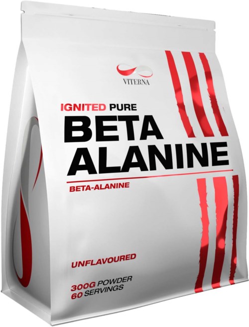 White bag with red and black text and stripes, labeled as Beta Alanine supplement, unflavored, 300g, 60 servings.