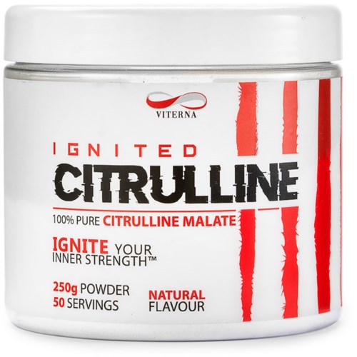 Ein Behälter mit Citrulline Malate Pulver in rot-weiß Verpackung, gekennzeichnet für Energie und Kraft.
