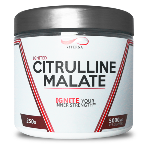Ein Behälter mit Citrulline Malate, 250g, schwarzem Deckel, Markenlogo und roten sowie schwarzen Texten, fördert innere Stärke.