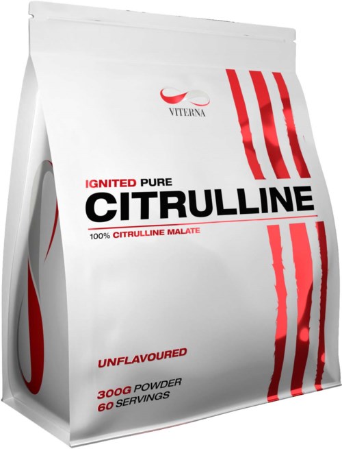 A white bag with red stripes and black text, labeled as Citrulline powder supplement, unflavored, 300g for 60 servings.