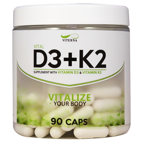 A dietary supplement bottle labeled D3+K2 with 90 capsules, promoting health with Vitamin D3 and K2.