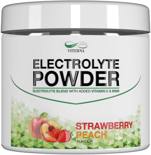 Säiliö elektrolyyttipulverille, makuprofiili strawberry peach, hedelmäkuvia ja vihreitä geometrisiä kuvioita.
